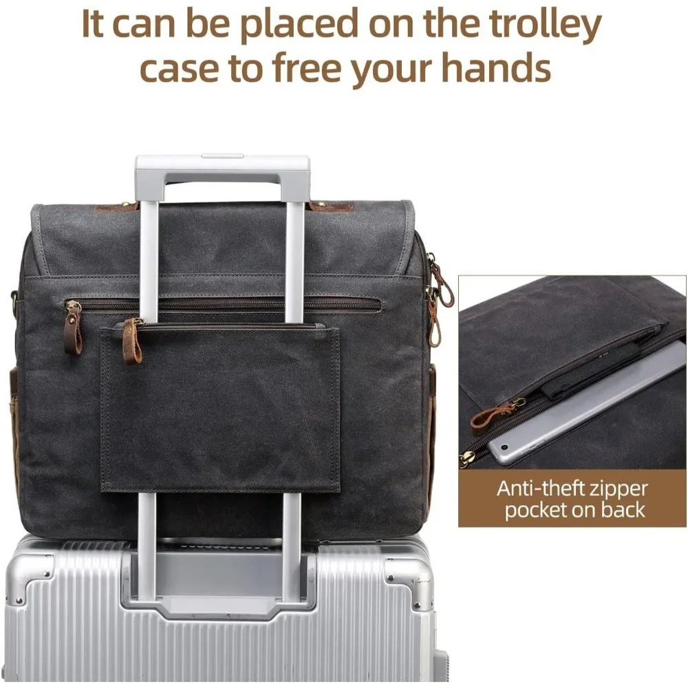 Men's Dark Grey Genuine Leather Canvas Water Resistant Satchel Shoulder Bag